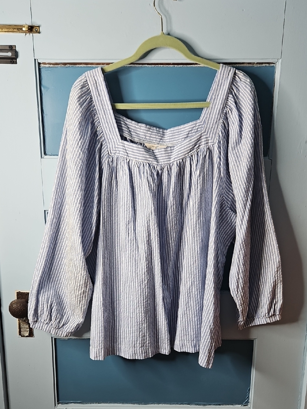Terra & Sky Striped Square-Neck Peasant Blouse - Light Blue & White 3X